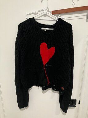 Peace Love World Black Distressed Chunky Knit Sweater Red Heart Patch Crop Small